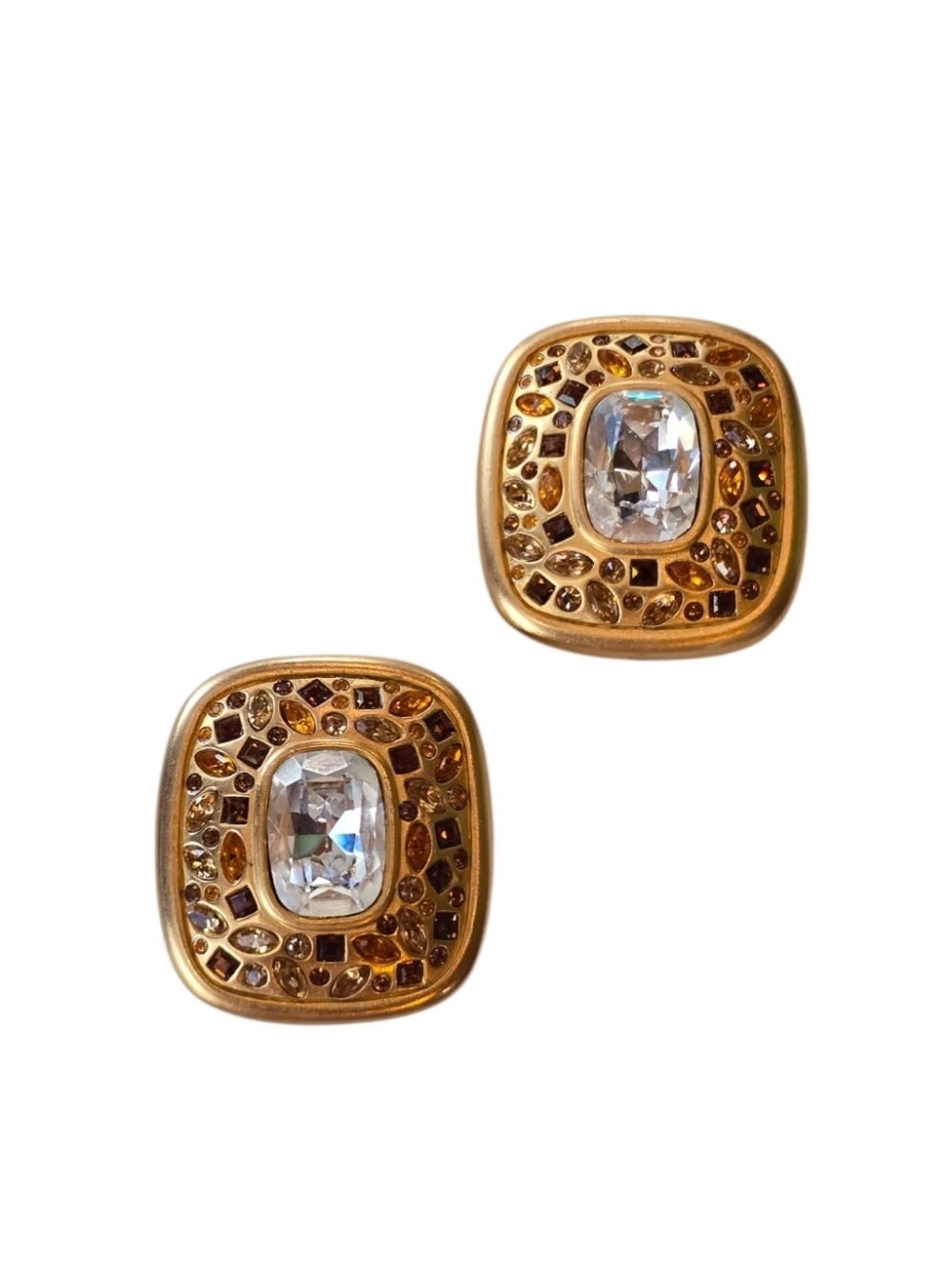 Swarovski Crystal Brushed Goldtone Square Clip Earrings